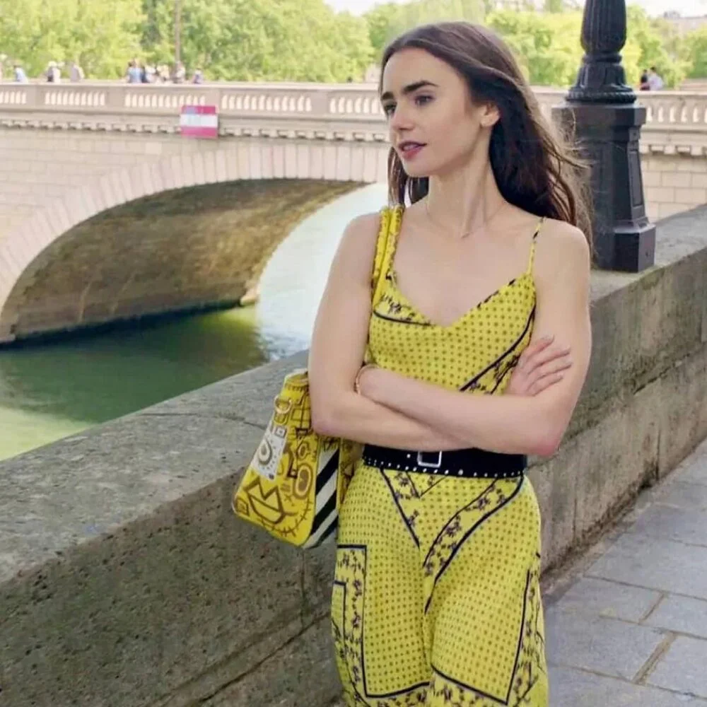 Ganni Silk Mix Maxi Skirt in Minion Yellow ASO Emily in Paris